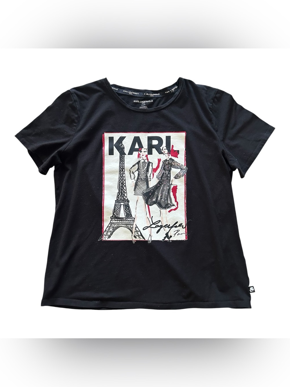 KARL LAGERFELD Black Parisian Fashion Eiffel Tower Graphic Tee T-Shirt Large